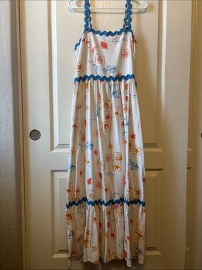 CeCe Amalfi Coast White Linen Blend Maxi Dress with Blue Rick Rack